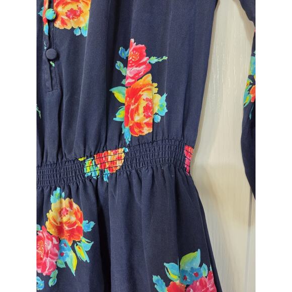 Shoshanna Teagan Vibrant Smocked 100% Silk 3/4 Sleeve Navy Mini Dress, Size 4 - Picture 7 of 15